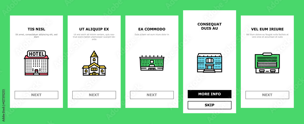 Poster building architecture onboarding mobile app page screen vector. skyscraper and bank, hospital and sh