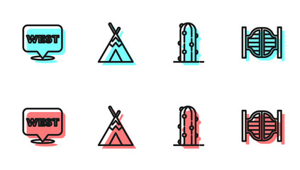 Set line Cactus, Pointer to wild west, Indian teepee or wigwam and Saloon door icon. Vector © Vadim