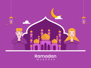 Muslim Man And Woman Doing Namaste With Mosque Illustration, Crescent Moon, Lit Lanterns Hang On Purple Background For Ramadan Mubarak Concept.