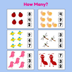 Counting game for kids How many Animal Illustration Vector. Perfect for Children Math Game