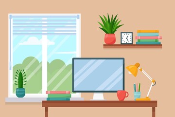 Workplace room, interior of work cabinet at home, vector illustration