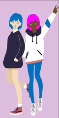 Vector characters. Two girls in fashion clothes on high heels are going out. Partner in crime magazine cute ilustration. Casual look glamour women, friendship print. Outfit blog poster
