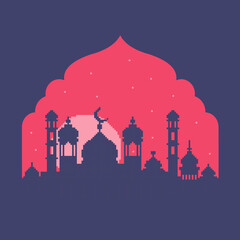 pixel art ramadan background with shadow mosque and beautiful sky full of stars