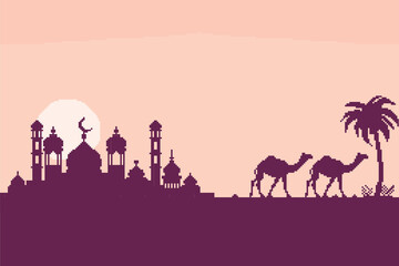 Pixel art with the theme of the month of Ramadan, Muslim traditions. there is a mosque building and two camels under a sky full of stars