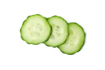 Ripe cucumber slices isolated on white background