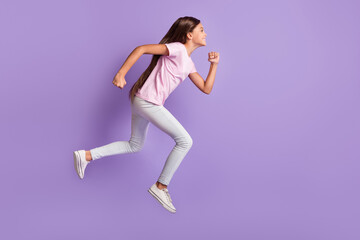 Full size profile photo of optimistic nice brunette girl run wear t-shirt isolated on pastel purple color background