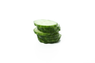 Ripe cucumber slices isolated on white background