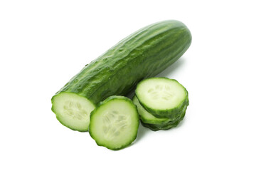 Ripe cucumber and slices isolated on white background