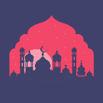 pixel art ramadan background with shadow mosque and beautiful sky full of stars
