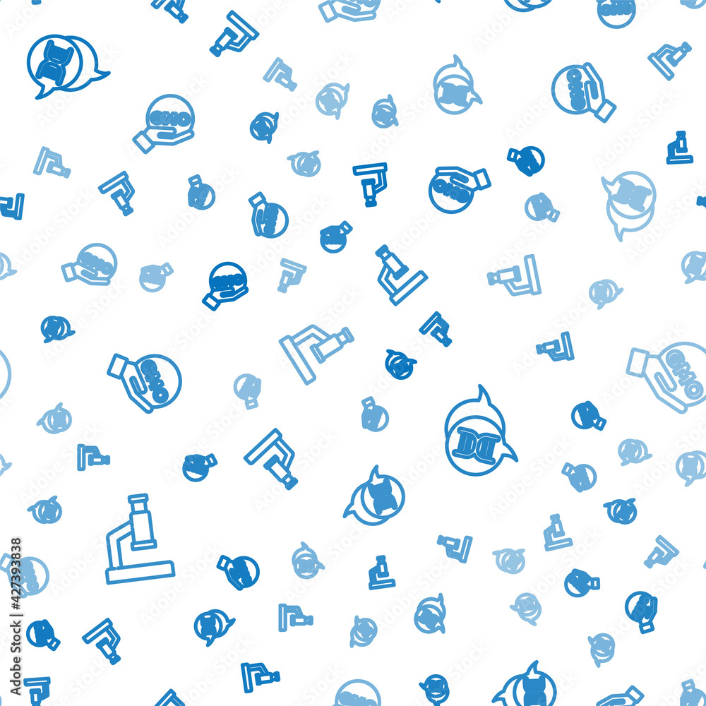 Poster set line microscope, dna symbol and gmo on seamless pattern. vector