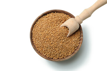 Bowl with mustard seeds and scoop isolated on white background