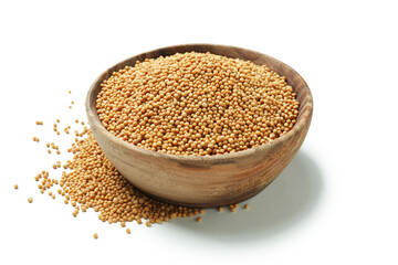 Wooden bowl with mustard seeds isolated on white background