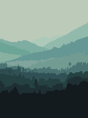 Vector landscape of mountains in green colours 