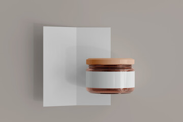 Blank Label Amber Glass Food Jar with Bi-Fold Brochure 3D Rendering