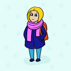 Vector illustration of winter girl with backpack