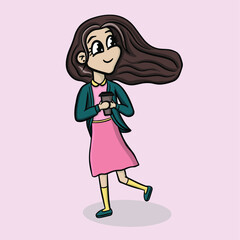 Vector girl with coffee runs to the left
