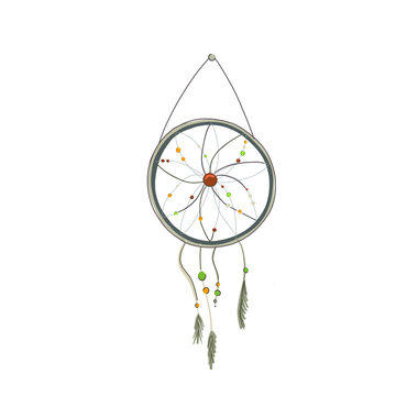The Dreamcatcher silhouette is decorated with feathers and beads. Hand-drawn vector illustration. Vector illustration