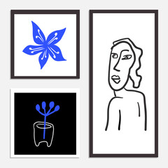 A set of framed hand drawn line art inspired by Matisse. The minimalist contemporary design of the human face combined with floral objects project a sense of wellbeing, inner peace, and mindfulness.