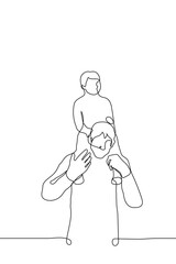 man with a child sitting on his neck - one line drawing. father carries son on himself, parenthood concept: paternity, father's day, child's day, guardianship, nanny