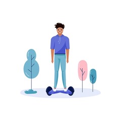 Young men walking and drive eco city transportation in public park. Personal electric transport, green electro scooter, gyroscooter. Ecological vehicle isolated on white