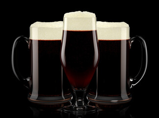 Set of fresh draft beer glasses with bubble froth isolated on black background.