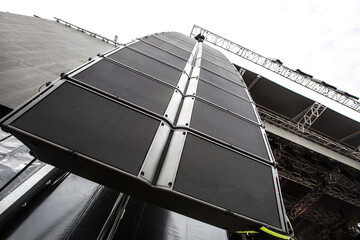 Line array sound speakers for live show. Professional concert equipment.