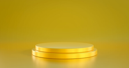 Realistic yellow stage podium on yellow background. blank exhibition stage backdrop or empty product shelf. 3d illustration.