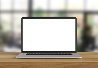 Laptop with blank screen on wood table in blurry background with Coffee shop, 3d illustration.