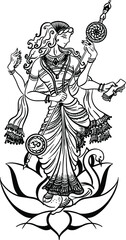illustration of a person with a sword. Sarasvati is the Indian god of art 
