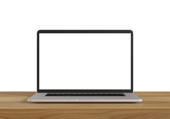 Fototapeta premium Laptop with blank screen on wood table isolated on white background. 3d illustration.