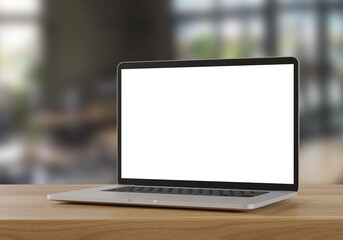Fototapeta premium Laptop with blank screen on wood table in blurry background with Coffee shop, 3d illustration.