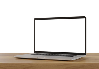 Laptop with blank screen on wood table isolated on white background. 3d illustration.