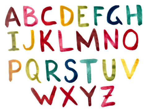 Watercolor english alphabet with colored letters.