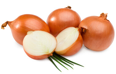 onion with slice and green onion isolated on white background. full depth of field. clipping path