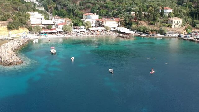 Aerial panoramic view of the beautiful coastal village Kitries near Kalamata city, Messenia