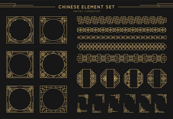 Chinese vector set of border, frames, patterns, knots isolated on black background. Asian gold elements for new year ornament. Japanese decorative patterns. Traditional vintage asian elements.