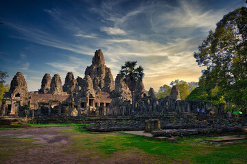 Fototapeta na wymiar Bayon Temple at sunset in Angkor, Cambodia