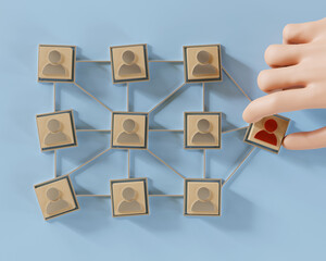 Wooden blocks with people icon connected together on blue background. 3d illustration.