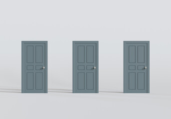 Three closed door. minimal concept idea. 3d illustration.
