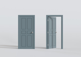 Open and closed door. minimal concept idea. 3d illustration.