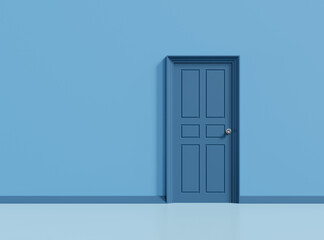 Blue closed door on blue wall background, 3d illustration.