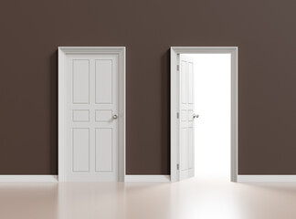 White open and closed doors on brown wall background, 3d illustration.