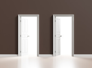 Two white open doors on brown wall background, 3d illustration.