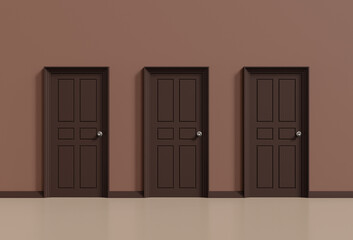 Three brown closed doors on wall background, 3d illustration.