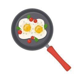 Frying pan with fried eggs, tomato, greens on white background, vector illustration