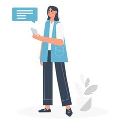 A young woman holds a tablet in her hands and communicates in social networks. Trendy flat vector illustration on isolated white background