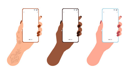 Obraz na płótnie Canvas Women's hands of different nationalities, as well as a hand with tattoos, hold mobile phones. Flat vector illustration on isolated white background