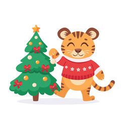 Cute tiger in a sweater decorates the Christmas tree. Year of the tiger. Vector illustration