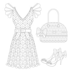 Evening clothes set with dress, high heels and handbag. Fashion look for coloring book page for adult for meditation. Vector illustration with doodle and zentangle elements.