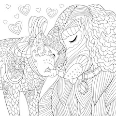 Lovely pets coloring book page. Cute fluffy cat and dog together smile. Friendly relationship between pets. Vector outline art with zentangle elements.